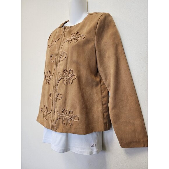 BFA Classics Blazer Jacket Women 8 Tan Zip Up Faux Suede Embroidered - Picture 2 of 10